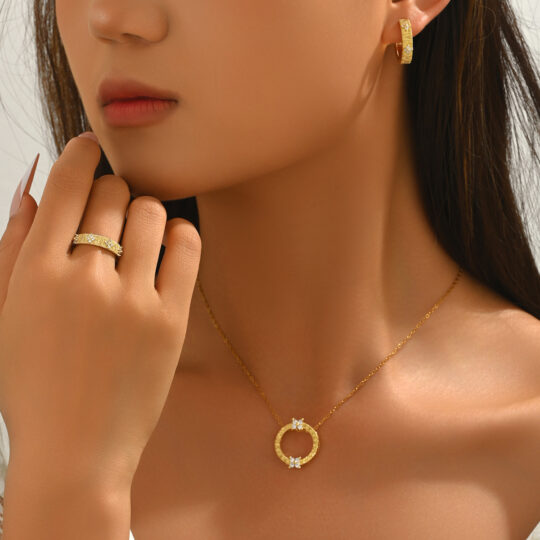 Women Forest Style Korean Jewelry Set, Geometric Round Inlaid Cubic Zirconia Necklace Earrings Ring, Versatile Daily Accessories