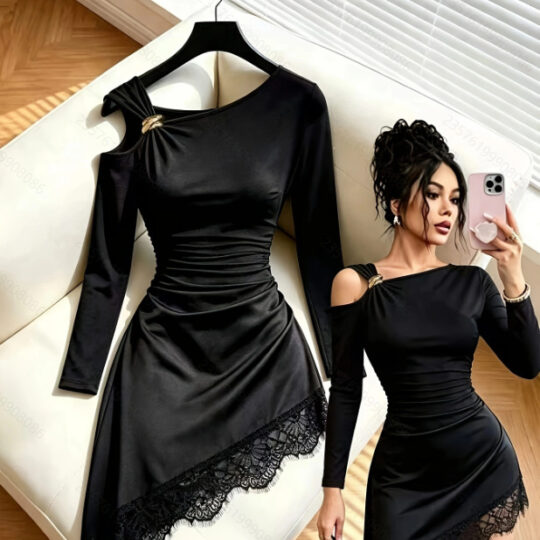 Women's Solid-color Lace-trimmed Waist-cinching Dress