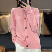 Wool Crew-neck Loose-fit Versatile Solid-color Cardigan Sweater