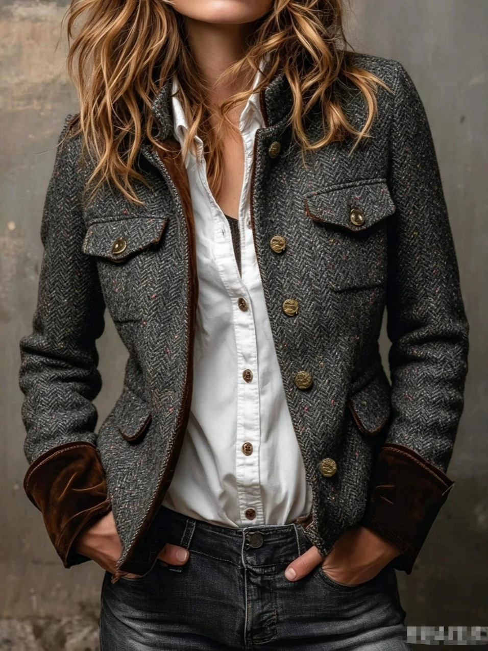 European And American Cross-border Autumn And Winter Independent Station Retro Herringbone Tweed Suit Jacket With Velvet Trim - Image 6