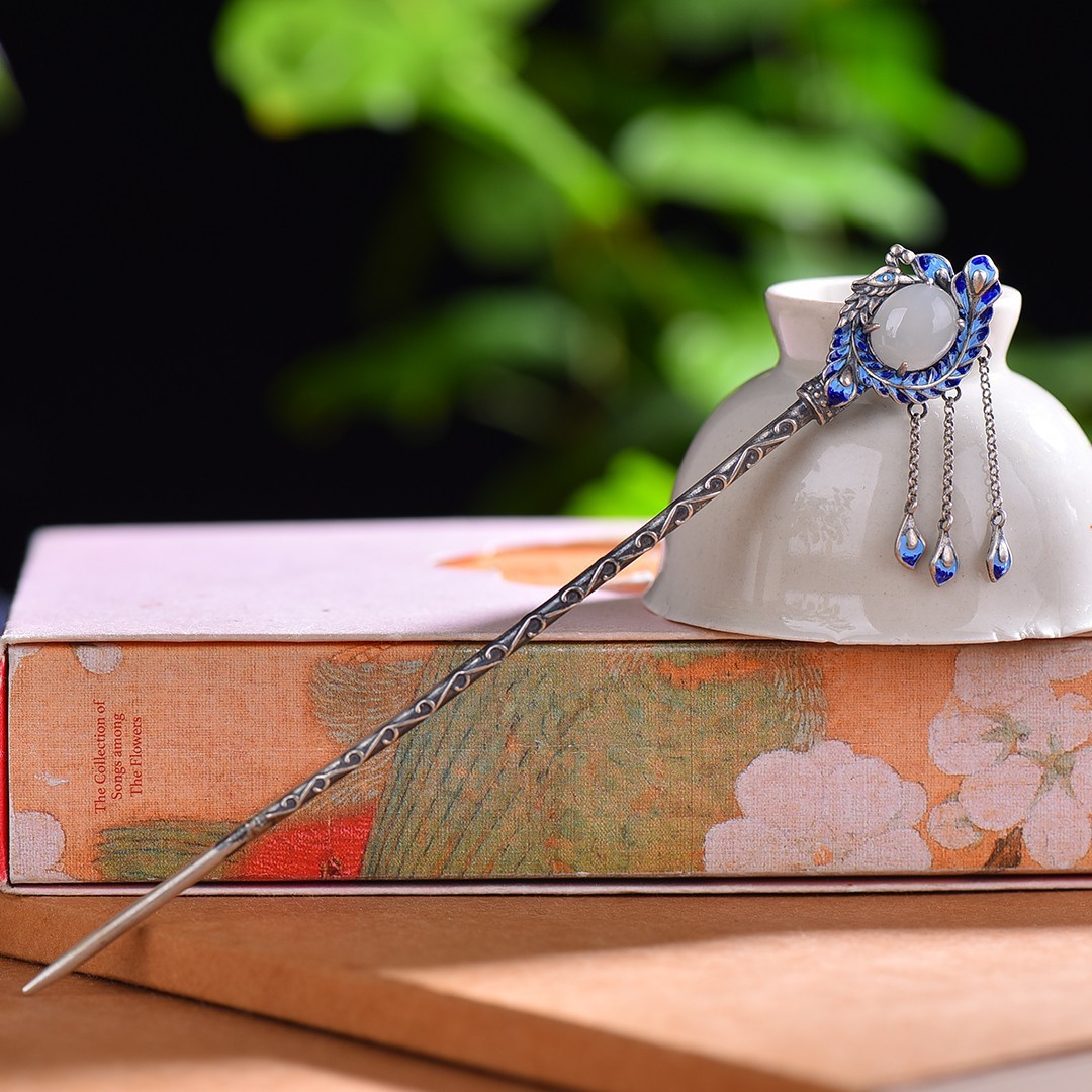 Hetian Jade S925 Silver Lock Of Good Wishes Hairpin High-grade Enamel South Red Cheongsam Hanfu Updo Hair Clasp - Image 10