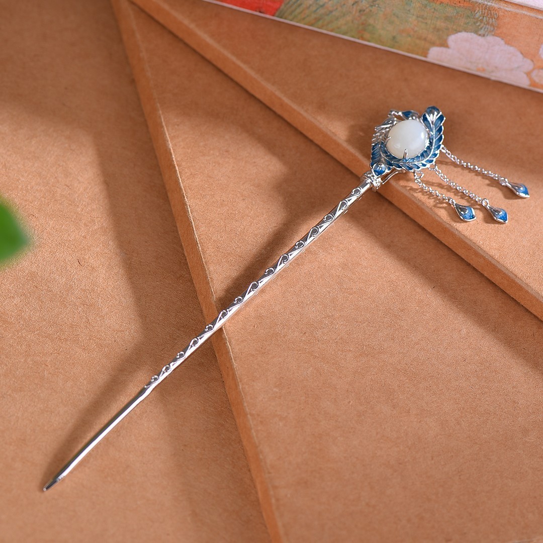 Hetian Jade S925 Silver Lock Of Good Wishes Hairpin High-grade Enamel South Red Cheongsam Hanfu Updo Hair Clasp - Image 2