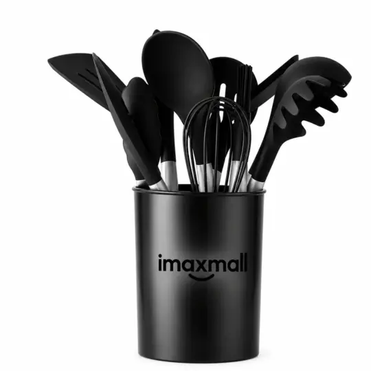 Black Kitchen Utensil Set with Holder – Multi-Purpose Cooking Tools for Kitchen & Dining
