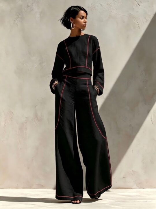 Sleeveless Color-Block Stitching Wide-Leg Pants Two-Piece Set For Women - BLACK
