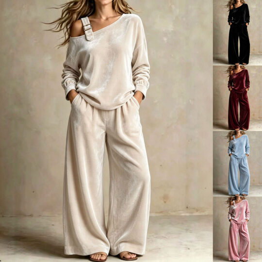 Off-shoulder Suit Women's Velvet Casual Two-Piece Set  Soft Comfortable Outfit Daily Clothing