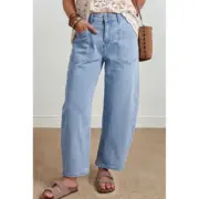 Beau Blue Solid Color Square Patch Pocket Ankle-length Barrel Jeans