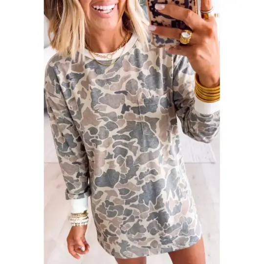 Beige Botanical Camo Print Long Sleeve Pocket Mini Dress