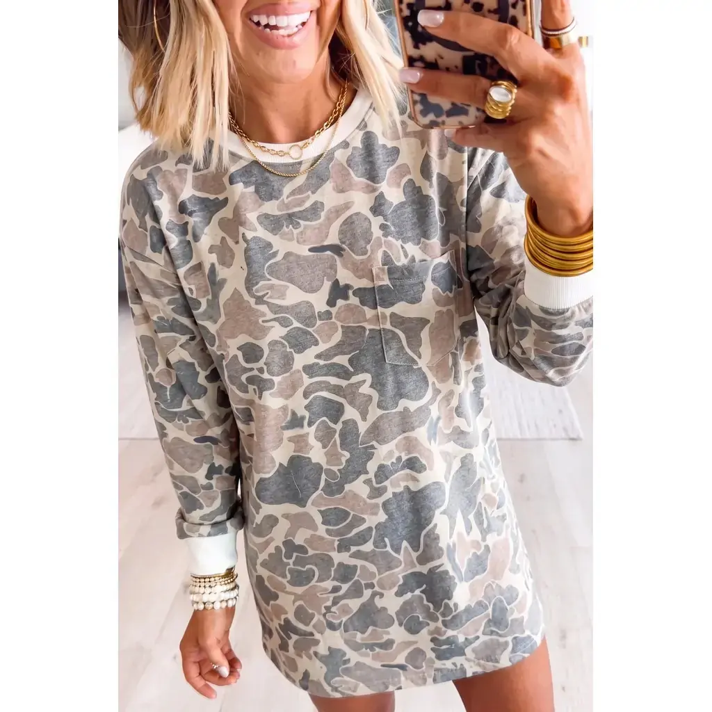 Beige Botanical Camo Print Long Sleeve Pocket Mini Dress