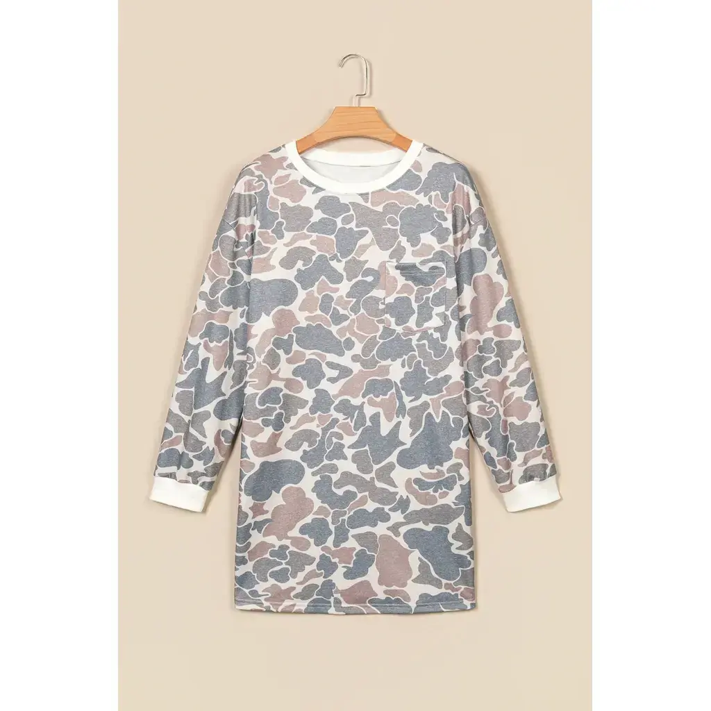 Beige Botanical Camo Print Long Sleeve Pocket Mini Dress - Image 2
