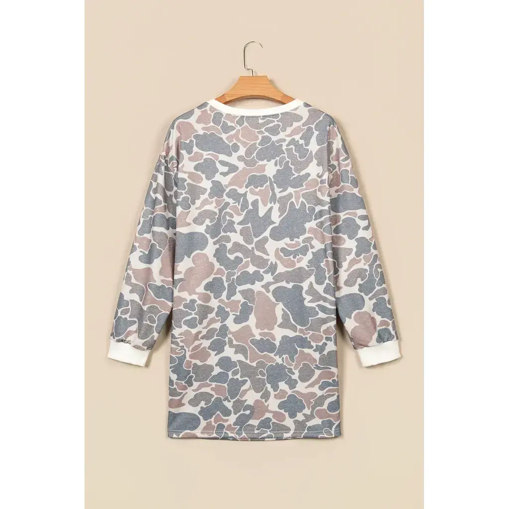 Beige Botanical Camo Print Long Sleeve Pocket Mini Dress - Image 3