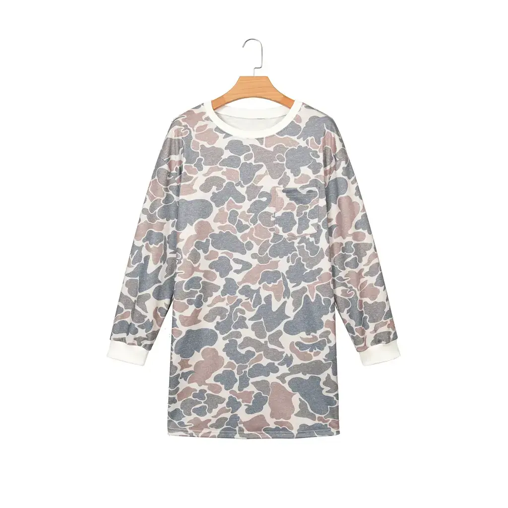Beige Botanical Camo Print Long Sleeve Pocket Mini Dress - Image 12