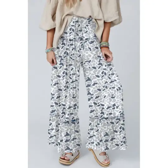 Beige Camo Print Wide Leg Casual Pants