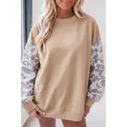 Beige Camouflage Sleeve Crewneck Baggy Pullover Sweatshirt