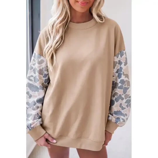 Beige Camouflage Sleeve Crewneck Baggy Pullover Sweatshirt