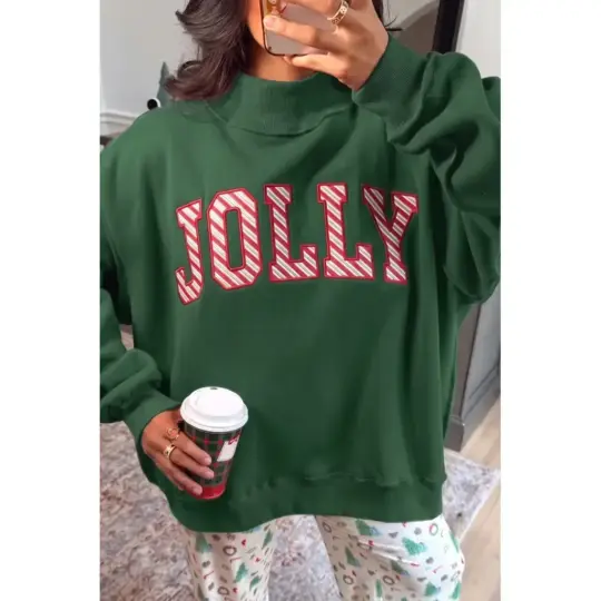 Blackish Green MERRY Embroidered Letter High Neck Tunic Pullover Sweatshirt