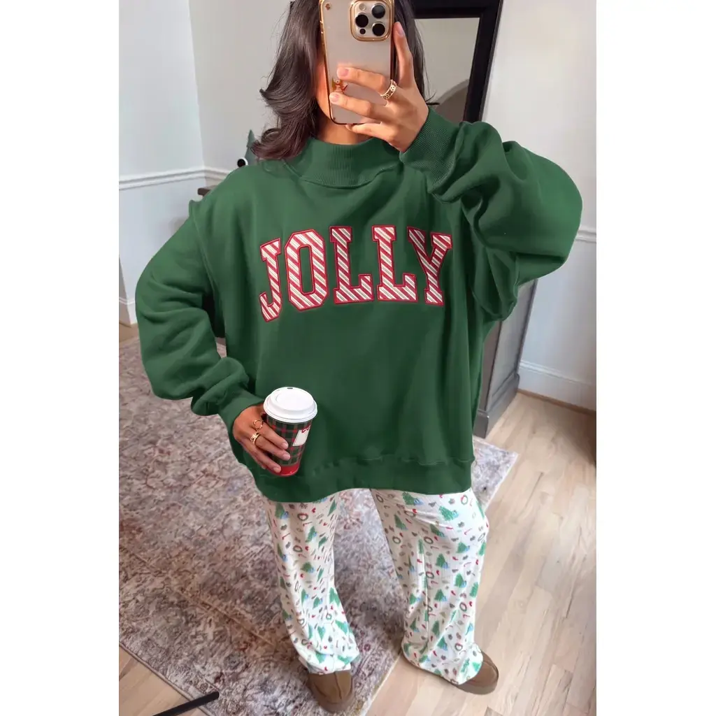 Blackish Green MERRY Embroidered Letter High Neck Tunic Pullover Sweatshirt - Image 2