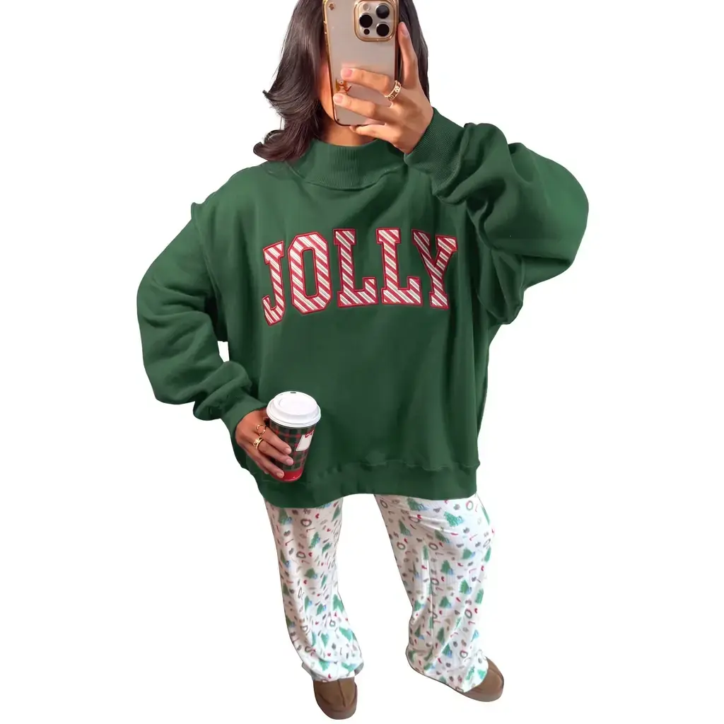 Blackish Green MERRY Embroidered Letter High Neck Tunic Pullover Sweatshirt - Image 3