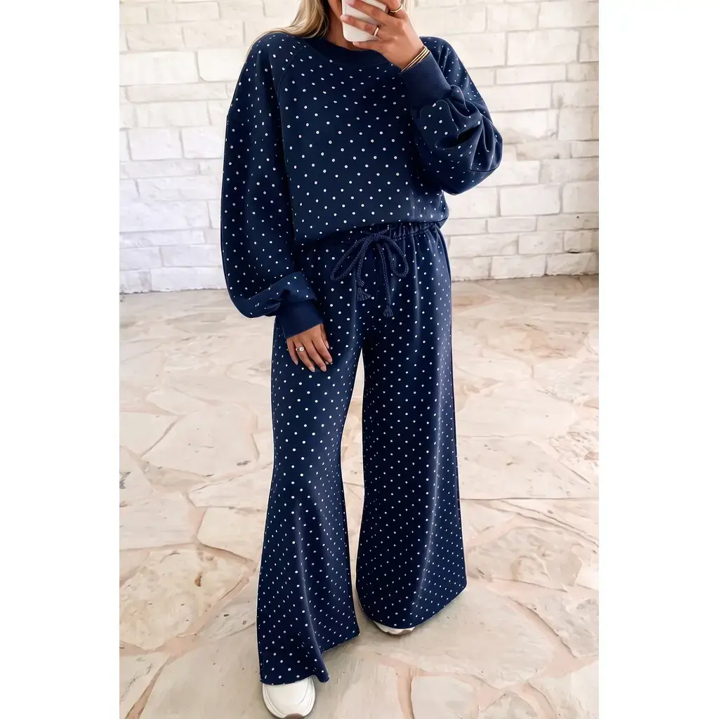 Blue Polka Dot Drawstring Wide Leg Long Sleeve Top Pant Set