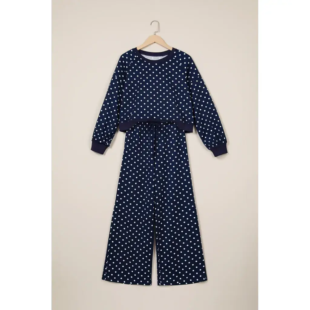 Blue Polka Dot Drawstring Wide Leg Long Sleeve Top Pant Set - Image 2