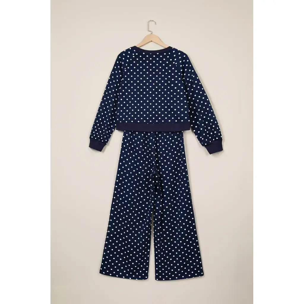Blue Polka Dot Drawstring Wide Leg Long Sleeve Top Pant Set - Image 3