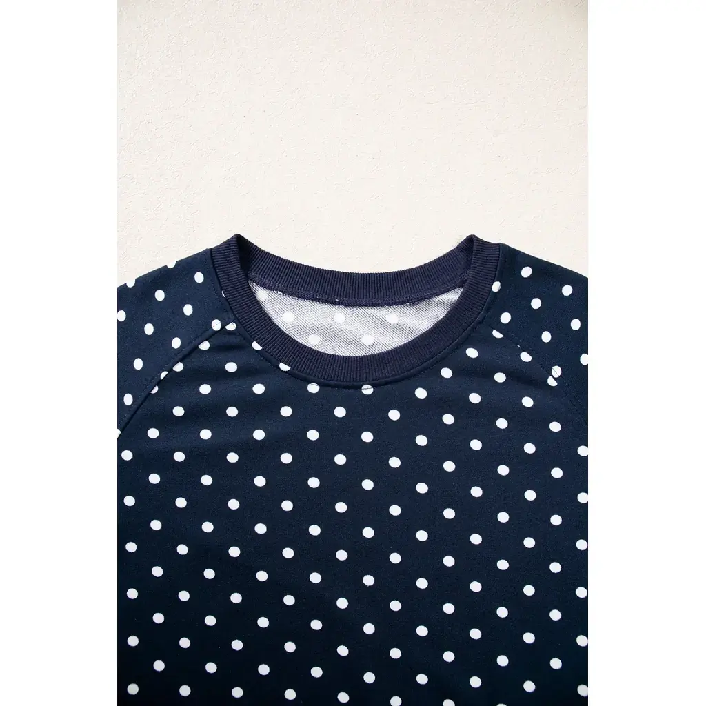 Blue Polka Dot Drawstring Wide Leg Long Sleeve Top Pant Set - Image 4