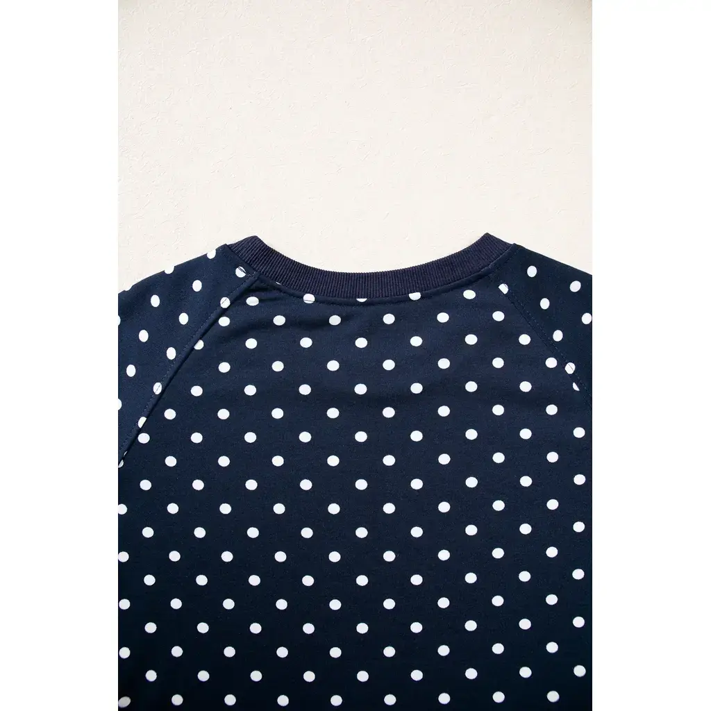 Blue Polka Dot Drawstring Wide Leg Long Sleeve Top Pant Set - Image 5