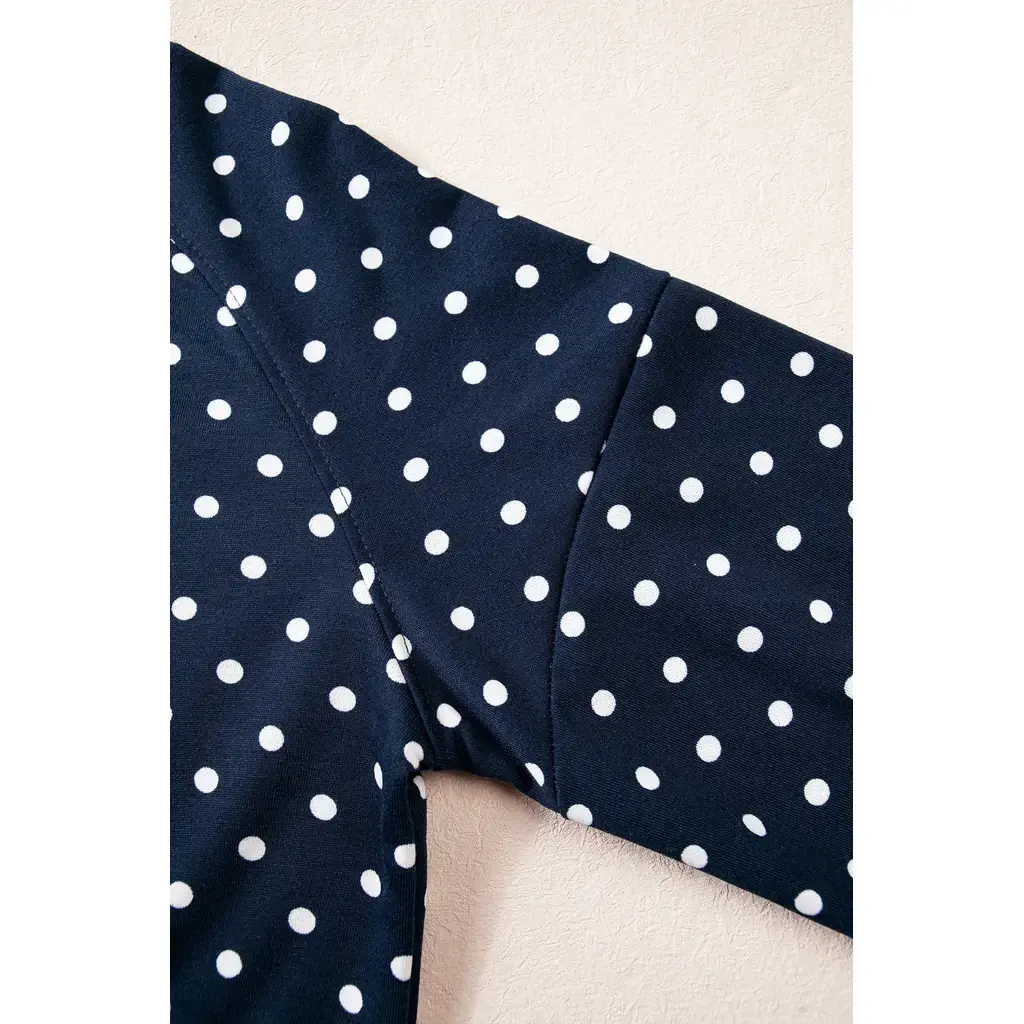 Blue Polka Dot Drawstring Wide Leg Long Sleeve Top Pant Set - Image 6