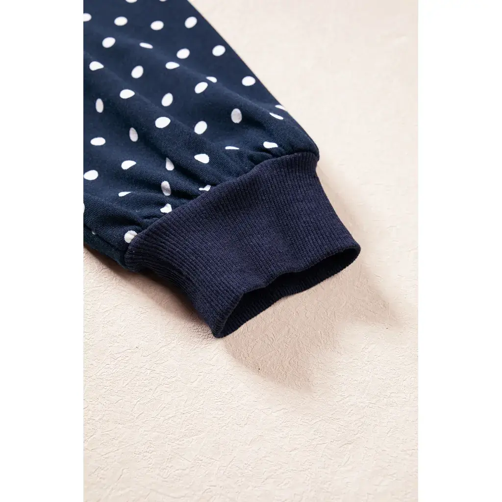 Blue Polka Dot Drawstring Wide Leg Long Sleeve Top Pant Set - Image 7