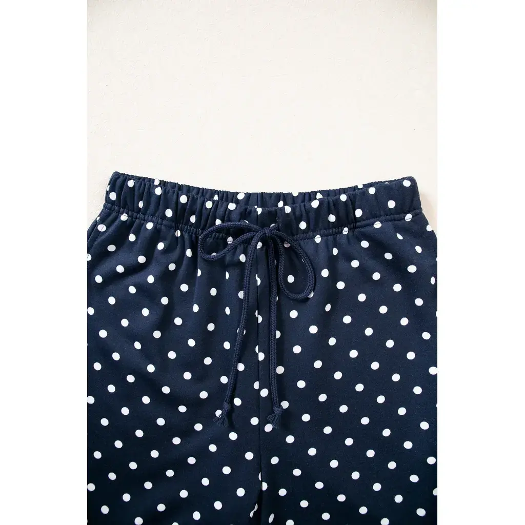 Blue Polka Dot Drawstring Wide Leg Long Sleeve Top Pant Set - Image 10