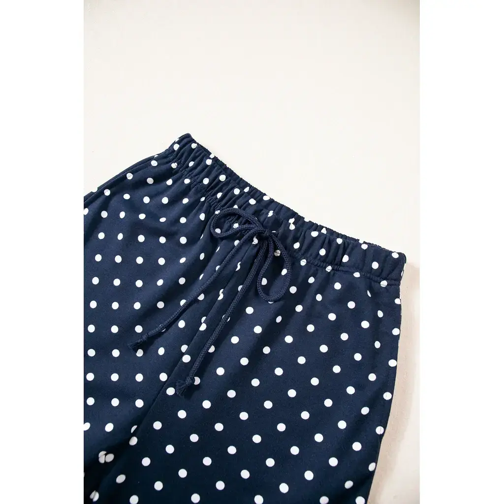 Blue Polka Dot Drawstring Wide Leg Long Sleeve Top Pant Set - Image 11