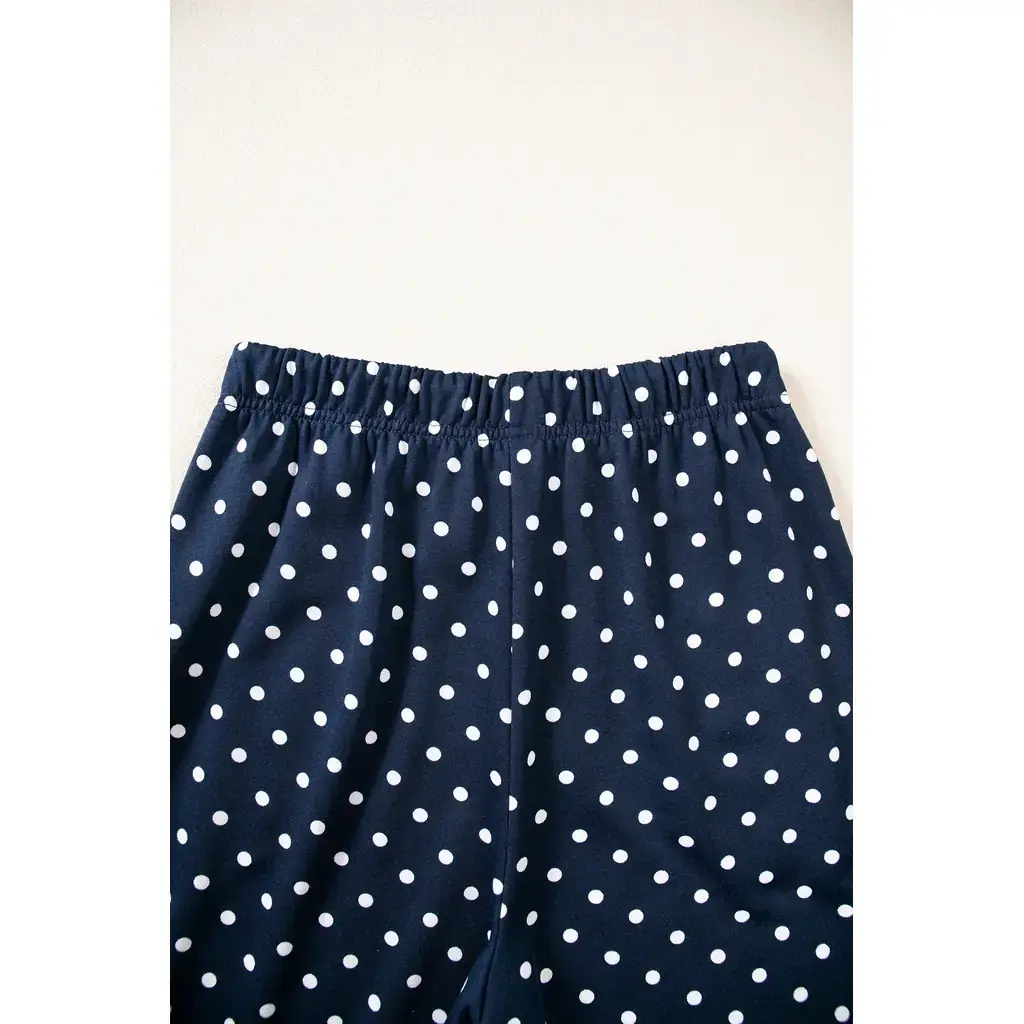 Blue Polka Dot Drawstring Wide Leg Long Sleeve Top Pant Set - Image 12