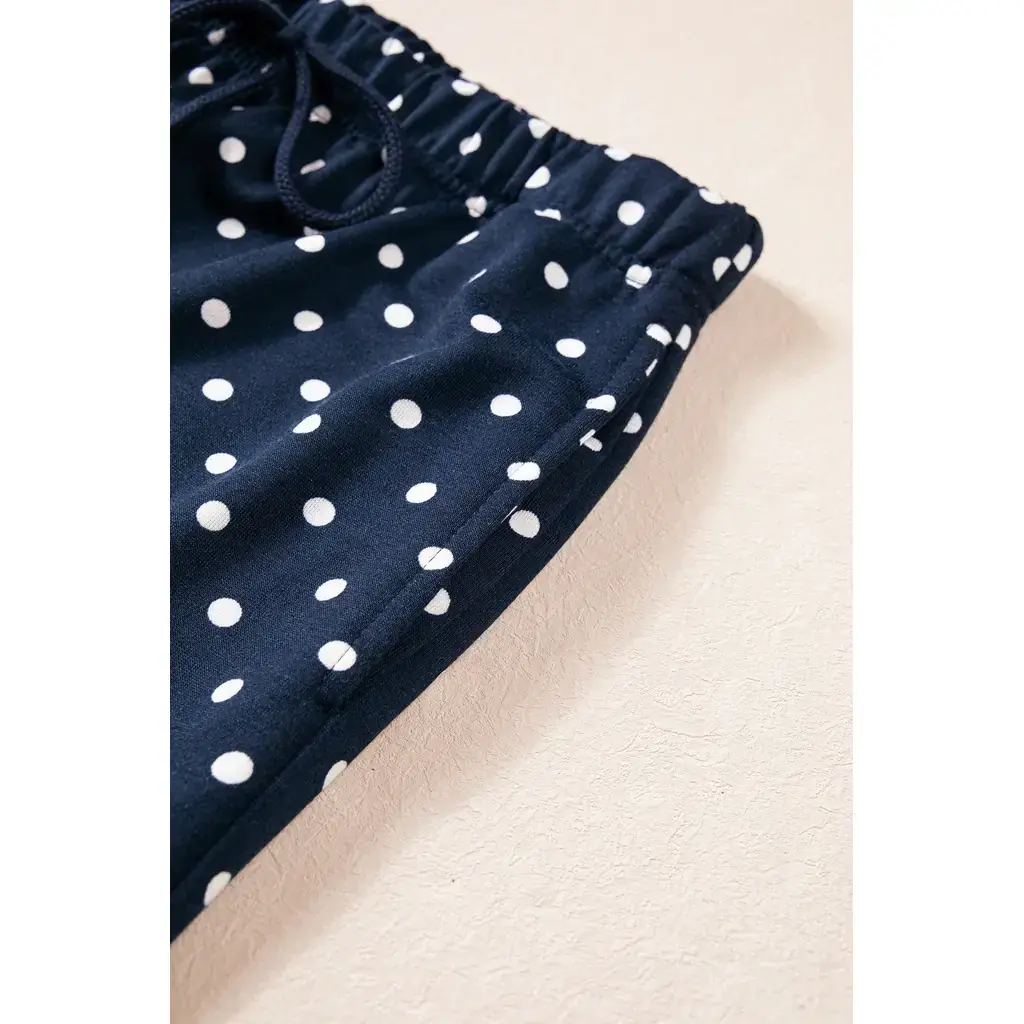 Blue Polka Dot Drawstring Wide Leg Long Sleeve Top Pant Set - Image 13