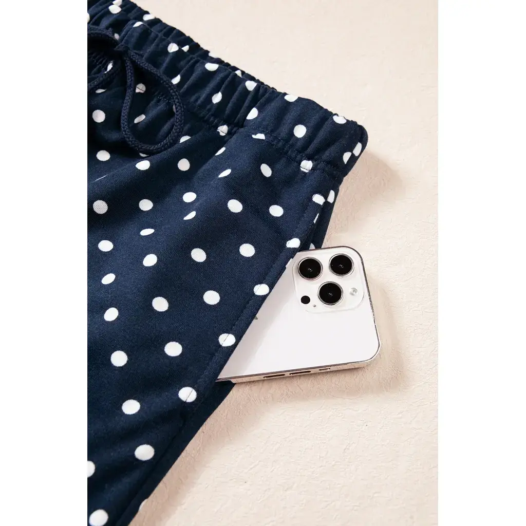 Blue Polka Dot Drawstring Wide Leg Long Sleeve Top Pant Set - Image 14