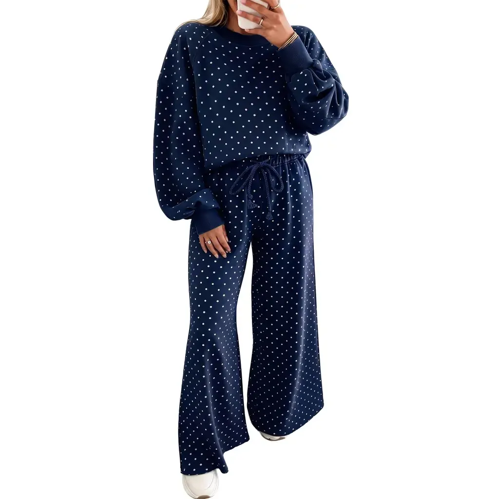Blue Polka Dot Drawstring Wide Leg Long Sleeve Top Pant Set - Image 18