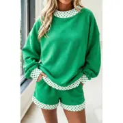 Bright Green Polka Dot Trim Baggy Pullover 2pcs Short Set