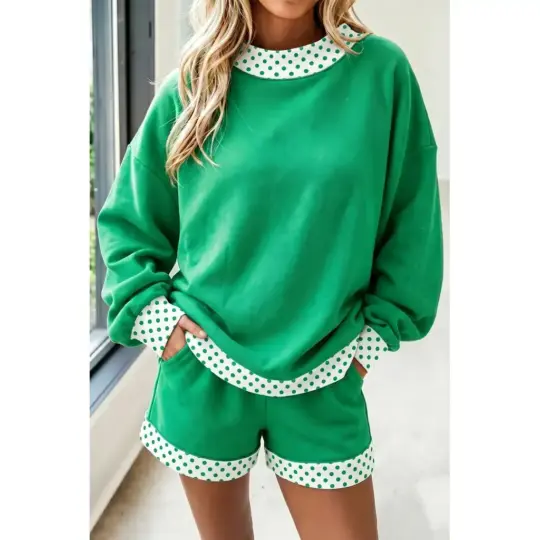 Bright Green Polka Dot Trim Baggy Pullover 2pcs Short Set