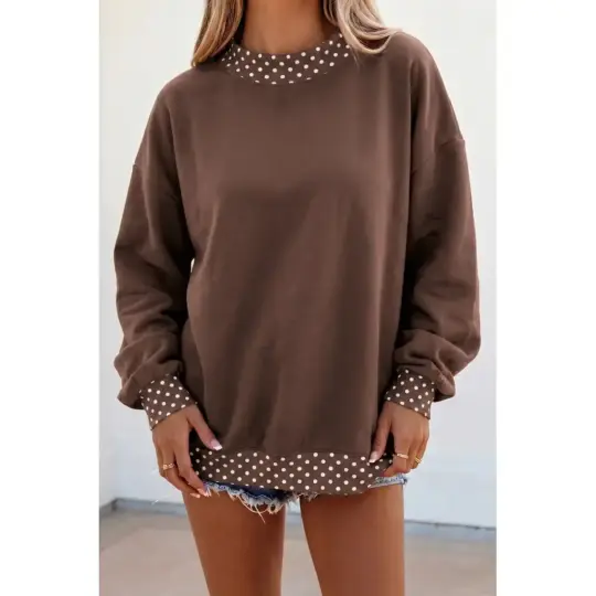 Brown Colorblock Polka Dot Contrast Trim Oversized Sweatshirt