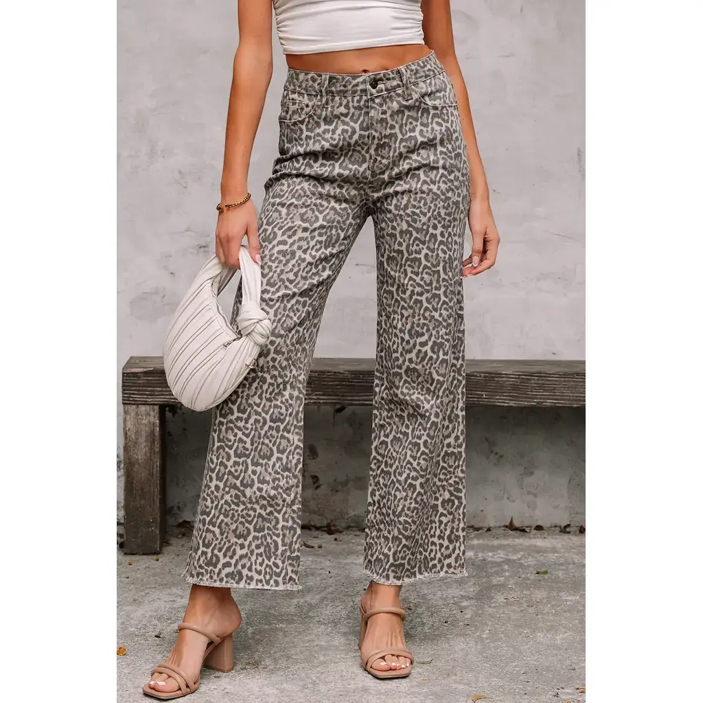 Brown Leopard Frayed Edge Wide Leg High Waist Jeans