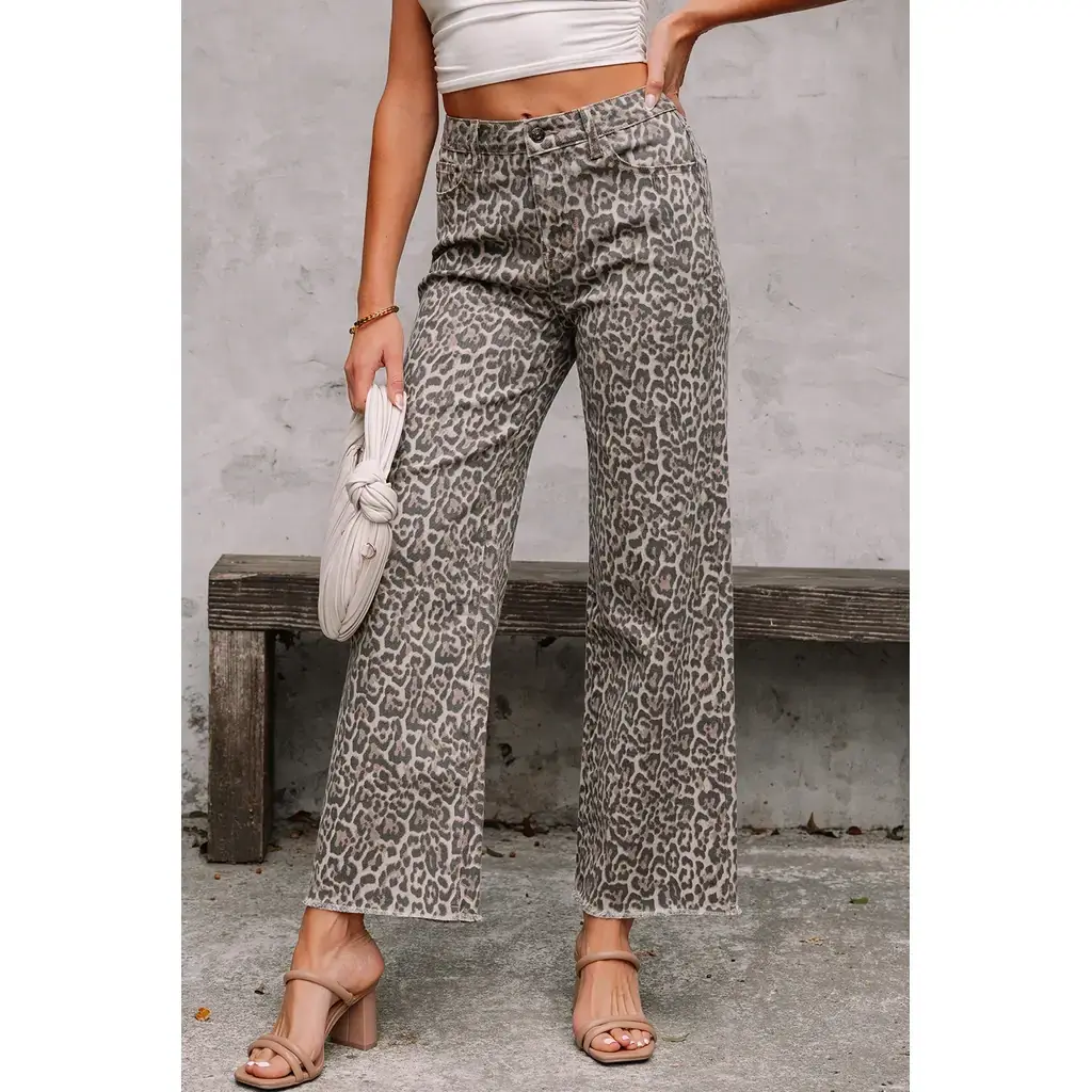 Brown Leopard Frayed Edge Wide Leg High Waist Jeans - Image 4