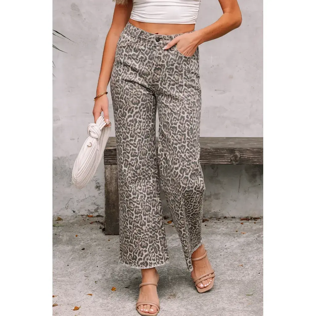 Brown Leopard Frayed Edge Wide Leg High Waist Jeans - Image 5