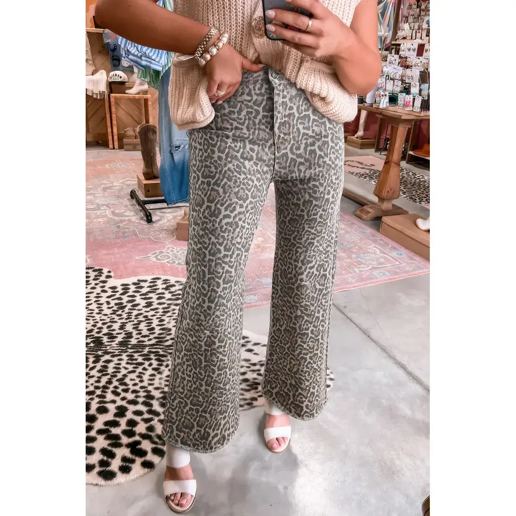 Brown Leopard Frayed Edge Wide Leg High Waist Jeans - Image 8