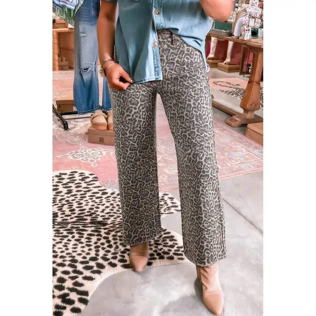 Brown Leopard Frayed Edge Wide Leg High Waist Jeans - Image 9