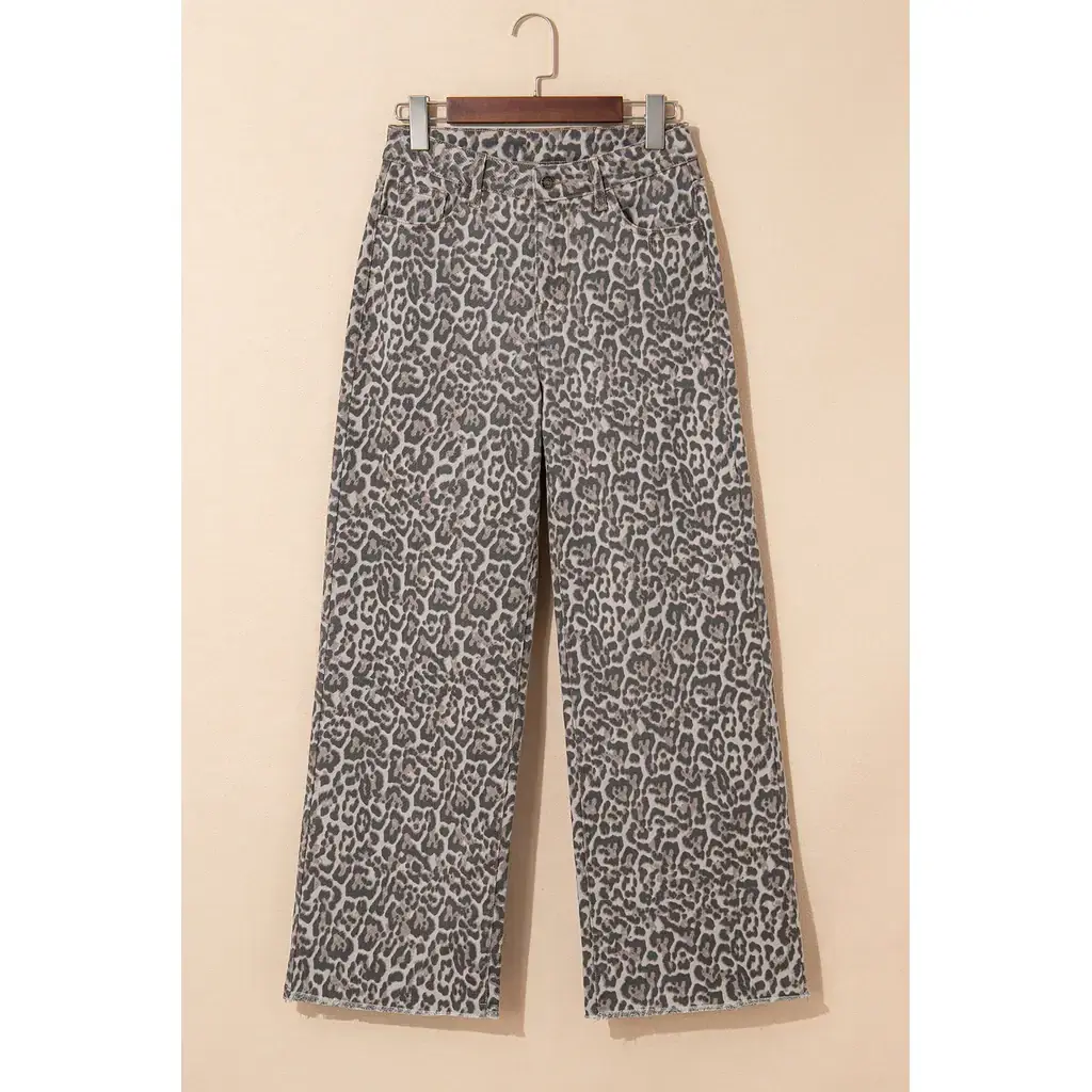 Brown Leopard Frayed Edge Wide Leg High Waist Jeans - Image 10