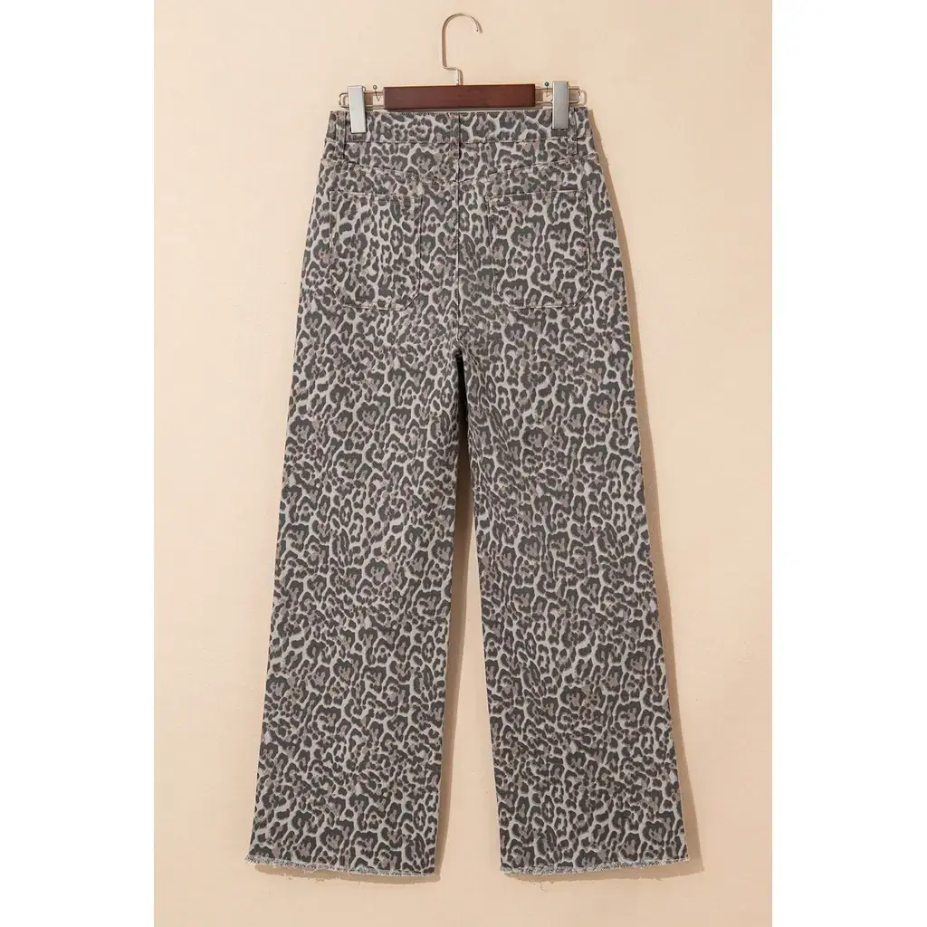 Brown Leopard Frayed Edge Wide Leg High Waist Jeans - Image 11