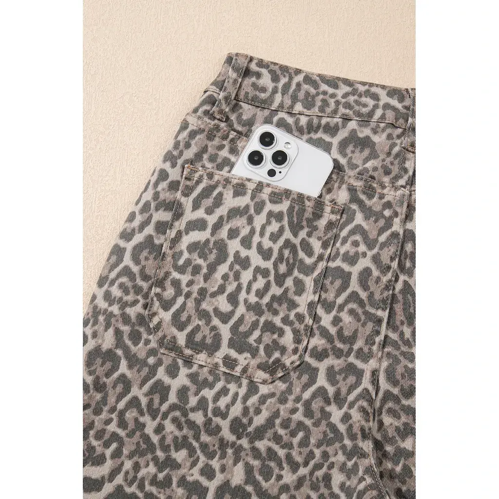 Brown Leopard Frayed Edge Wide Leg High Waist Jeans - Image 13