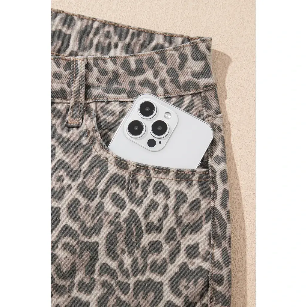 Brown Leopard Frayed Edge Wide Leg High Waist Jeans - Image 14