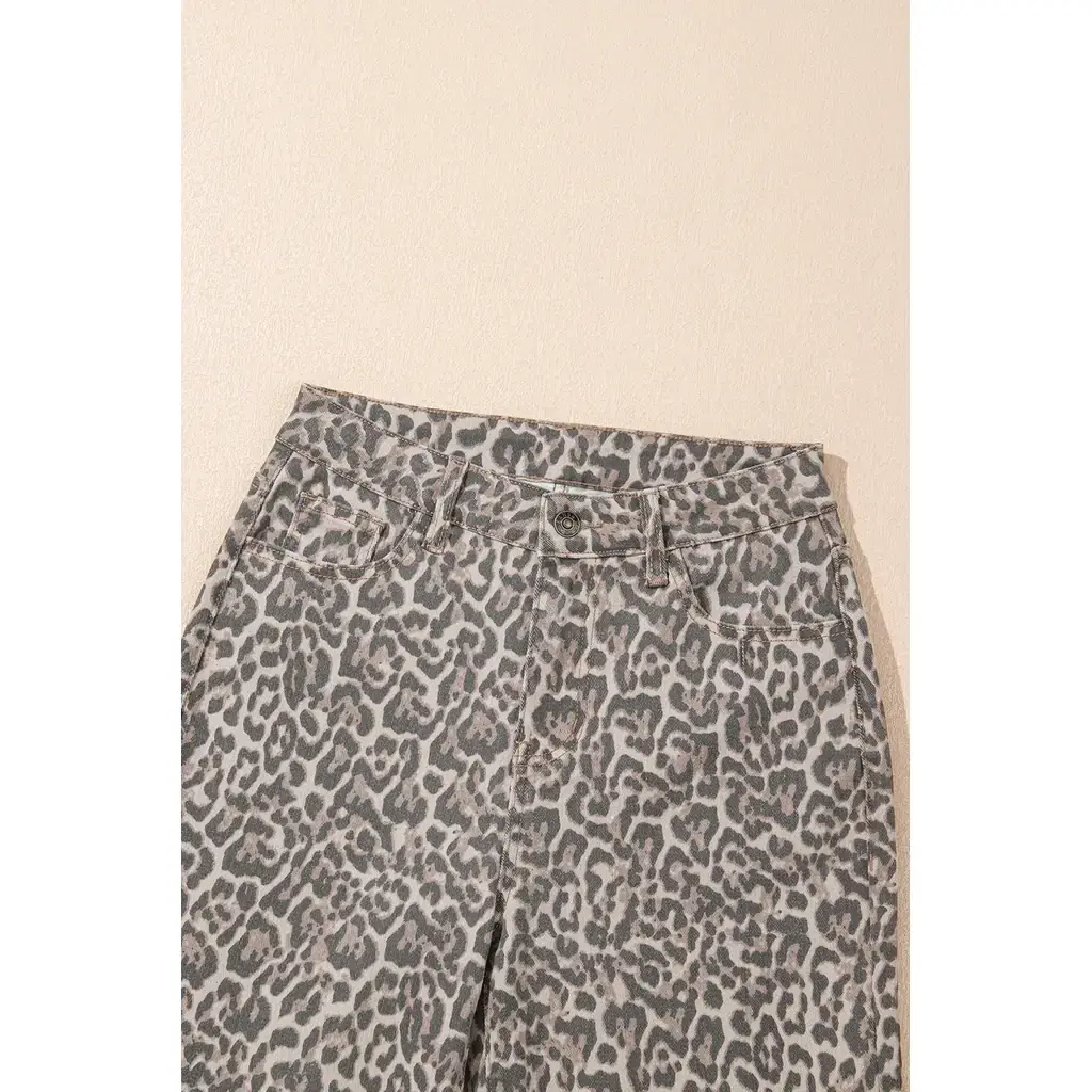 Brown Leopard Frayed Edge Wide Leg High Waist Jeans - Image 16