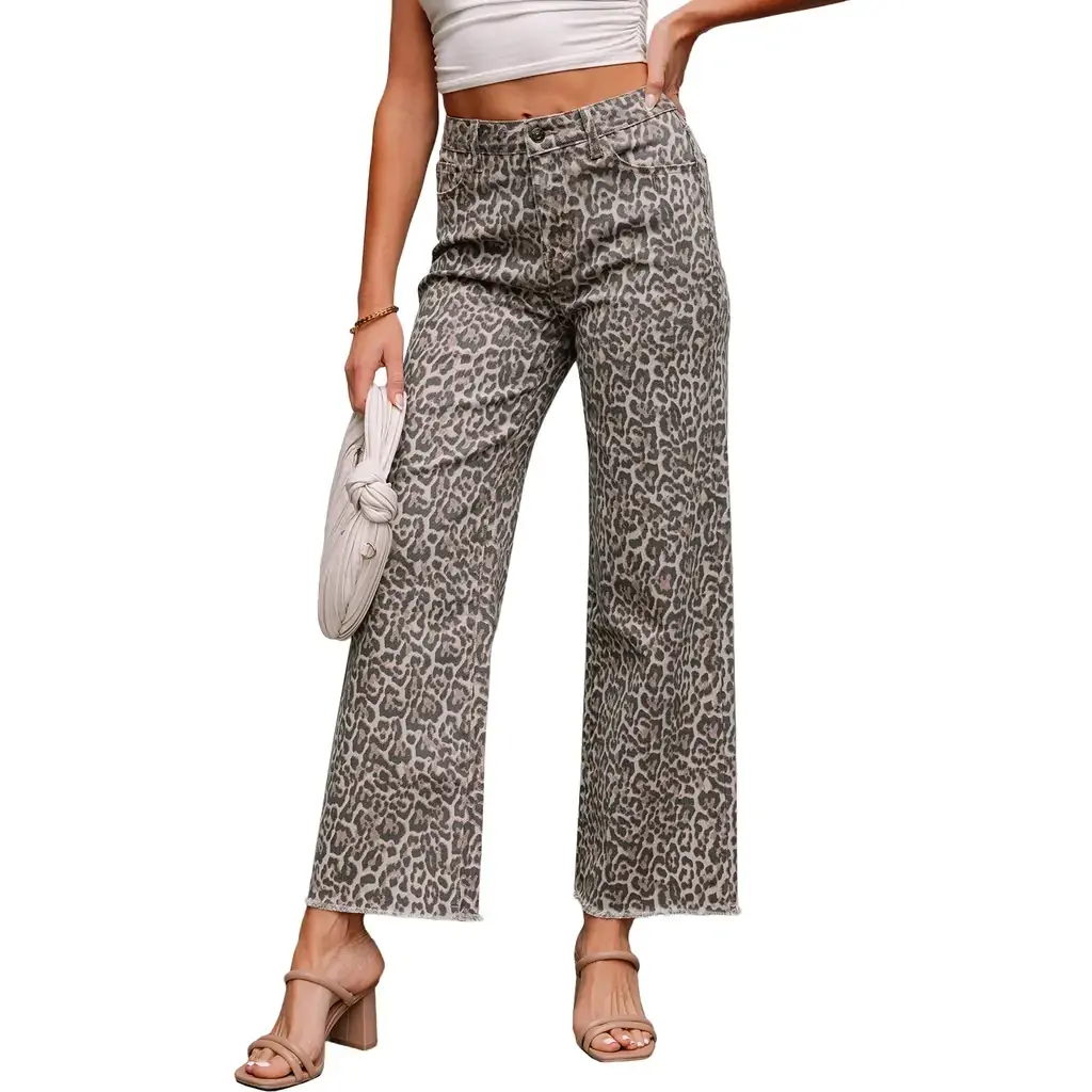 Brown Leopard Frayed Edge Wide Leg High Waist Jeans - Image 19