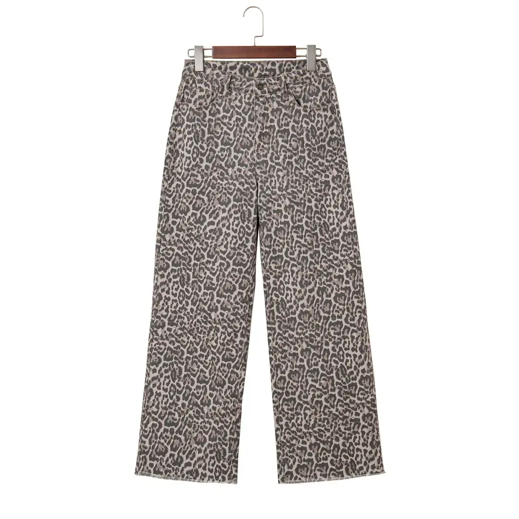 Brown Leopard Frayed Edge Wide Leg High Waist Jeans - Image 20