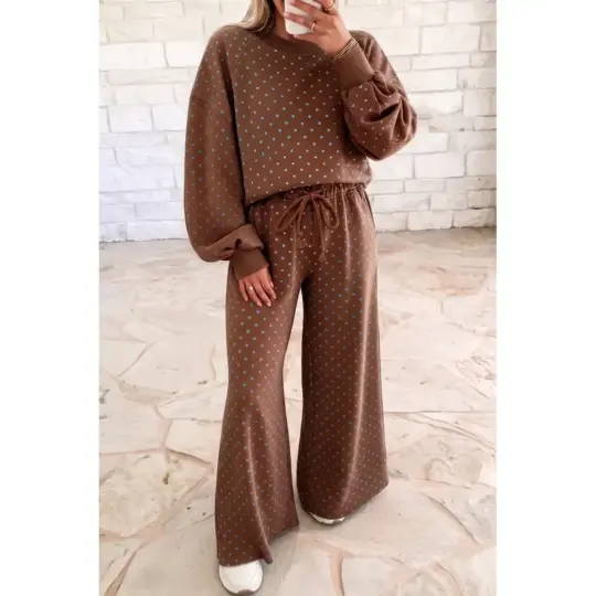 Brown Polka Dot Drawstring Wide Leg Long Sleeve Top Pant Set